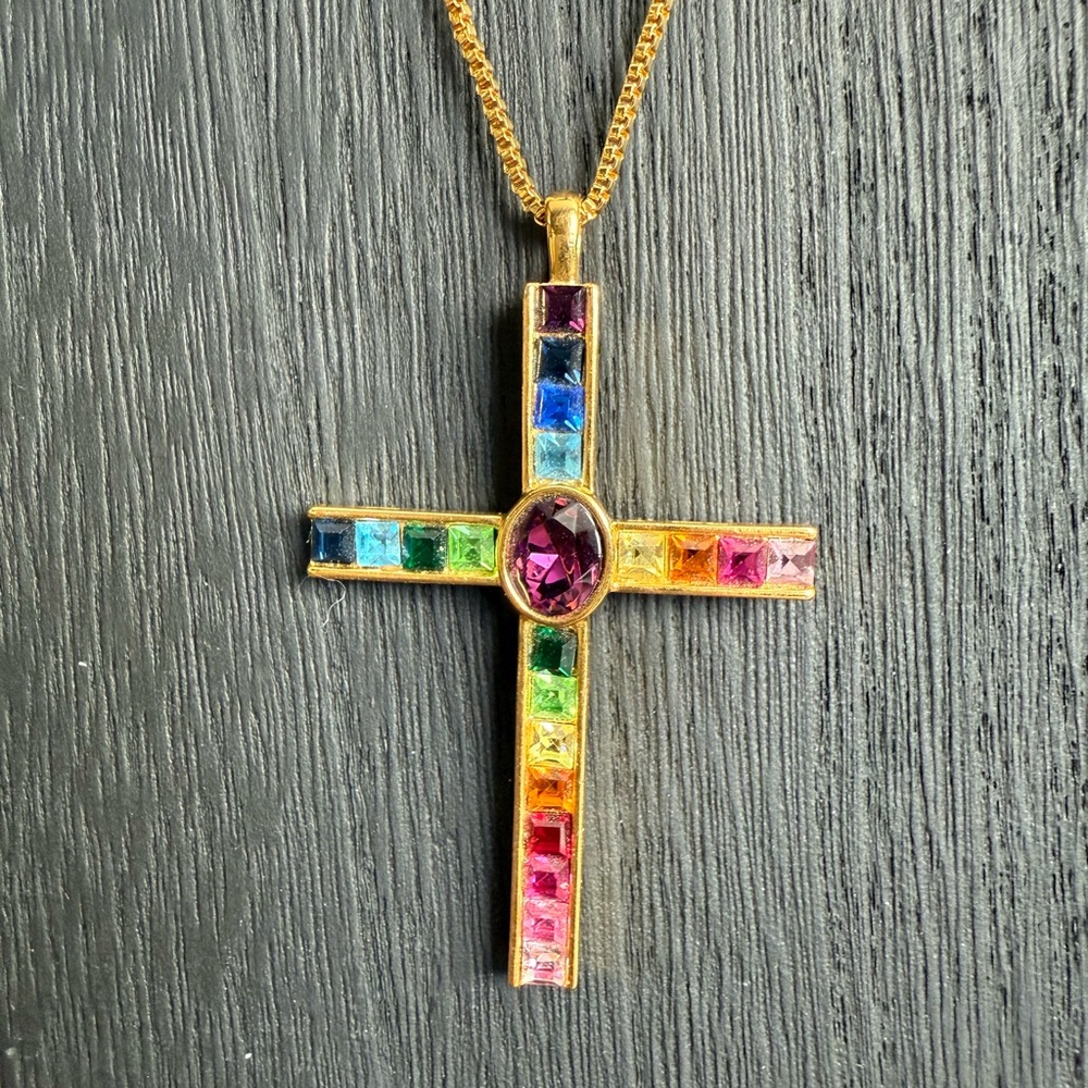 Vintage Gold Multicolor Gemstone Cross Necklace